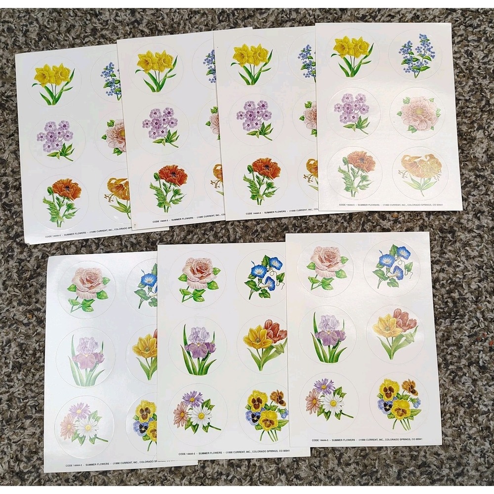 Vintage CURRENT Stickers Summer Flowers 6 Sheets 1990 Poppy Iris Daffodil (42ct)
